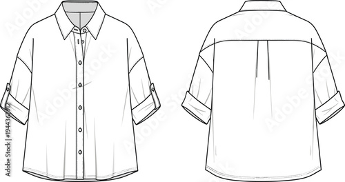 Women's oversized button down shirt technical fashion sketch, cad drawing flat vector illustration, front and back views with roll-up sleeves.