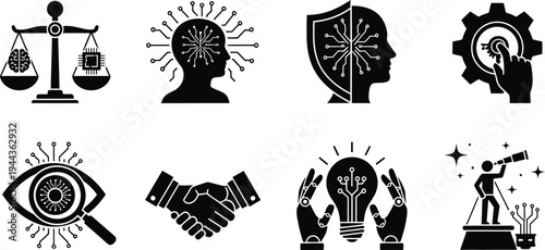 Artificial Intelligence Ethics and Governance Icon Set, Modern Vector Silhouettes for AI Regulation, Cybersecurity, Machine Learning Integrity, and Future Tech Policy Business Concepts