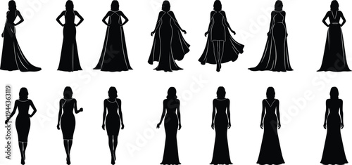 Set of fashion woman silhouettes in elegant evening gowns, cocktail dresses, and capes for apparel design cad drawing flat vector illustration (24 words)