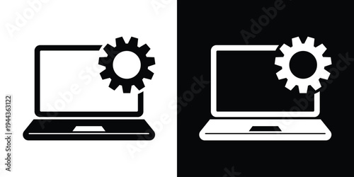 Laptop computer icon with a gear symbol on the screen. Black and white vector set symbolizing technical support, system configuration, software development, and computer maintenance.