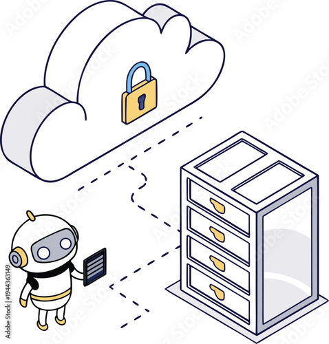 Robot managing cloud security and server data storage by transferring information between a storage rack and a protected network isometric vector illustration.