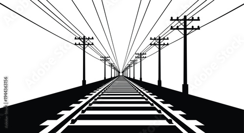 Black and white vector illustration of railway tracks and utility poles in vanishing point perspective for travel, industrial, and conceptual designs.