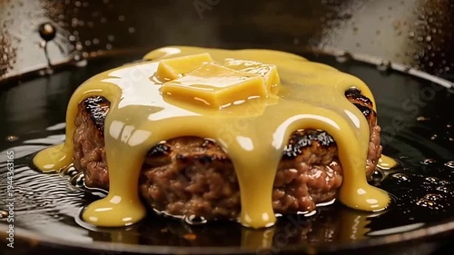 Juicy beef burger patty seared in cast iron pan with sizzling oil and charred crust