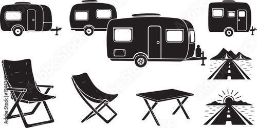 Camping and travel concept with caravan and outdoor furniture