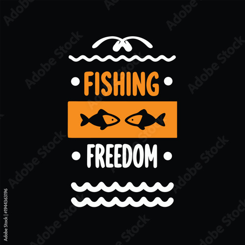 Bold stylized fishing themed displays an illustration of fish and waves on black