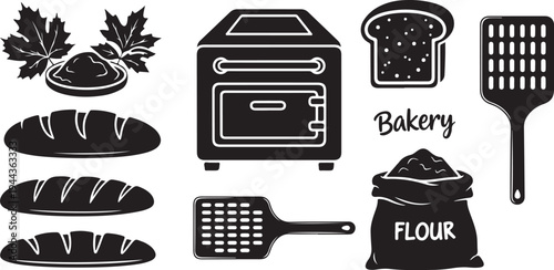 Bakery icons and bread illustrations in black and white