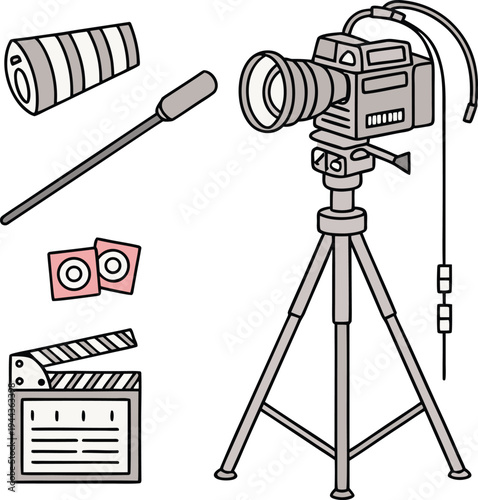 Professional film production equipment set featuring a video camera on a tripod with a clapperboard and boom microphone in a hand-drawn illustration style