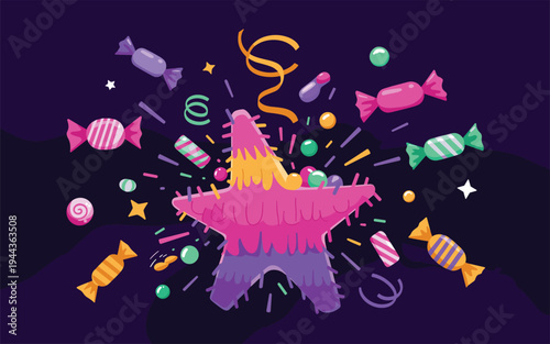 Star Pinata Bursting With Candy and Confetti on Dark Background