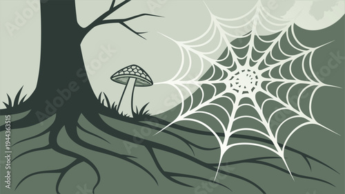 Spooky forest vector illustration featuring a large spider web, dark tree roots, and a mushroom in a moody, atmospheric outdoor scene for Halloween.