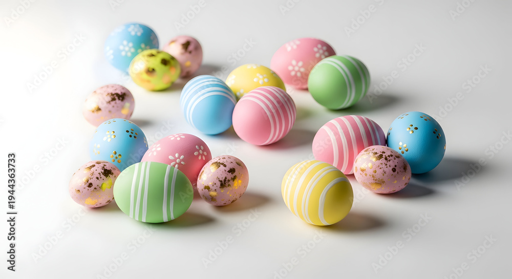 Fototapeta premium Assorted colorful chocolate eggs with various patterns and sprinkles.