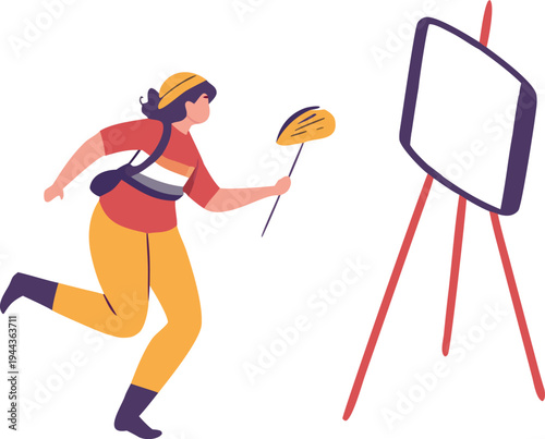Flat vector illustration of a female artist running towards a blank canvas on an easel while holding a palette for creative inspiration and work.