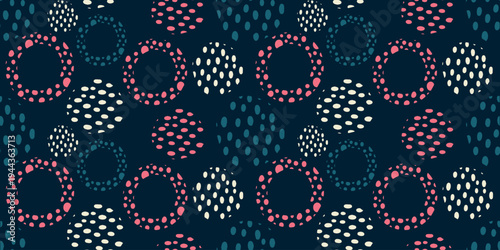 Modern abstract seamless pattern with circles and dotted shapes. Pink, blue and white geometric elements on dark blue background. Minimal vector repeat design for textile, fabric and wallpaper
