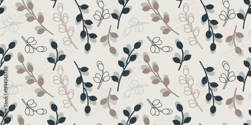Minimal Scandinavian seamless pattern with delicate willow branches and catkins in neutral tones, gray, beige and terracotta on light background. Elegant pattern for textile and surface design.