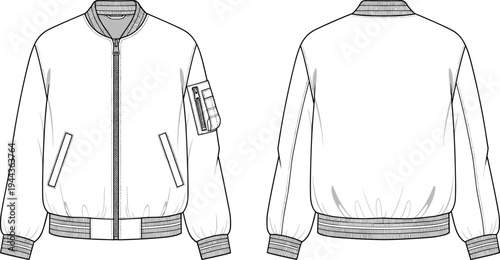 Unisex Bomber Jacket Technical Flat Sketch, Utility MA1 Flight Jacket Mockup with Sleeve Pocket, Front and Back View CAD Drawing Flat Vector Illustration