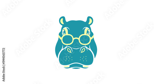 Cute cartoon hippopotamus head wearing round glasses. Adorable smart hippo character vector illustration in flat design style.