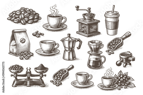 Detailed hand drawn engraving of coffee culture elements including coffee beans, grinder, moka pot, espresso cups, and weighing scales for cafe branding.