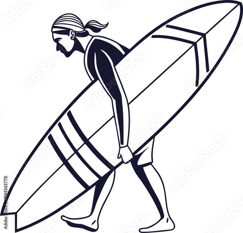 Male surfer carrying a striped surfboard while walking in this minimalist vector illustration featuring clean black line art on a white background.