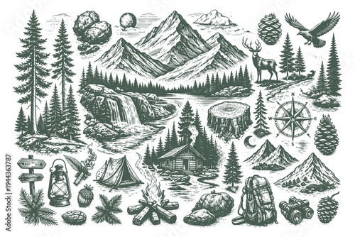 Fotografie Detailed engraving style illustration of a vast wilderness landscape featuring pine forests, mountains, a waterfall, and forest animals for nature lovers