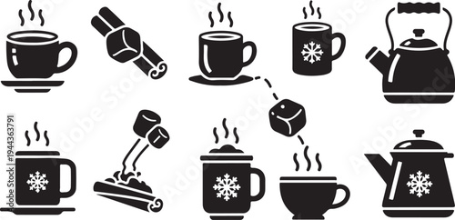 Hot Beverage Icons with Snowflakes and Steam Rising High