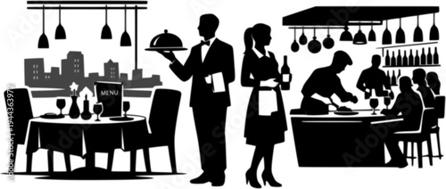 fine dining restaurant interior table chair menu kitchen food hospitality service atmosphere urban luxury design black and white vector illustration
