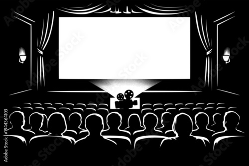 classic cinema hall with large screen rows of seats and projector black and white vector scene light representing entertainment movie watching and audience experience
