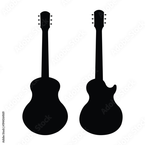 Black silhouettes of acoustic and electric guitar instruments isolated on white background