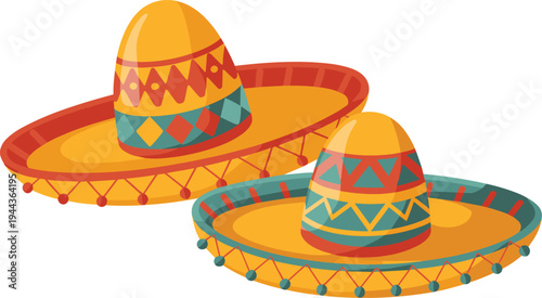 Two Colorful Sombrero Hats with Traditional Patterns Fiesta Celebration