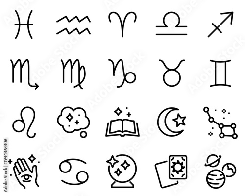 Simple Set of Astrological Related Vector Line Icons. Contains such Icons as Virgo, Leo, Taurus and more