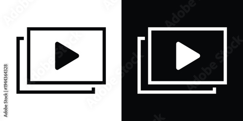Clean rectangle video player icon with a central play button triangle. Professional black and white graphic for multimedia interfaces, streaming services, and online video content.