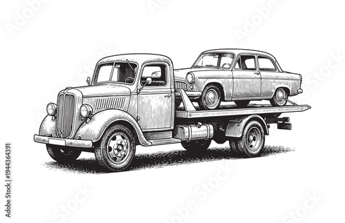 Antique Tow Truck Carrying a Sedative Car Sketch Automotive Recovery