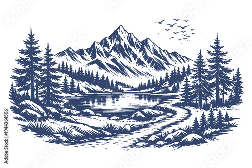 Detailed hand drawn engraving of a majestic mountain range overlooking a calm lake surrounded by pine forests for wilderness themes.