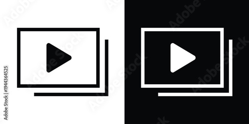 Clean rectangle video player icon with a central play button triangle. Professional black and white graphic for multimedia interfaces, streaming services, and online video content.