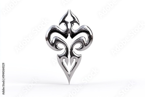 Shiny chrome design on white background. Symmetrical, flowing curves and sharp points