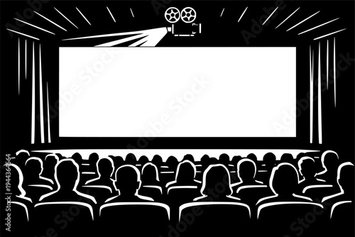 classic cinema hall with large screen rows of seats and projector black and white vector scene light representing entertainment movie watching and audience experience