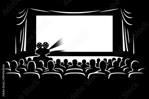 classic cinema hall with large screen rows of seats and projector black and white vector scene light representing entertainment movie watching and audience experience