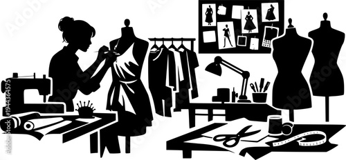 fashion designer working in an atelier studio creating new clothing collection black and white vector representing creativity tailoring and modern fashion industry
