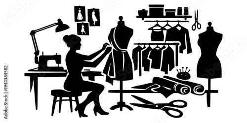 fashion designer working in an atelier studio creating new clothing collection black and white vector representing creativity tailoring and modern fashion industry