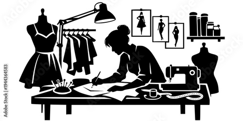 fashion designer working in an atelier studio creating new clothing collection black and white vector representing creativity tailoring and modern fashion industry