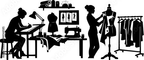 fashion designer working in an atelier studio creating new clothing collection black and white vector representing creativity tailoring and modern fashion industry