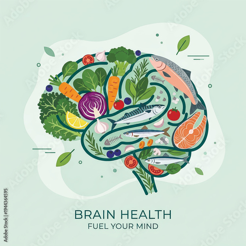 A flat design illustration promoting brain health with a diet of nutritious foods. The brain is filled with fish, fruits, and vegetables.. Fuel your mind. Vector illustration