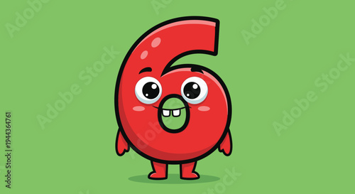 Cute Red Number Six with Googly Eyes and Small Arms