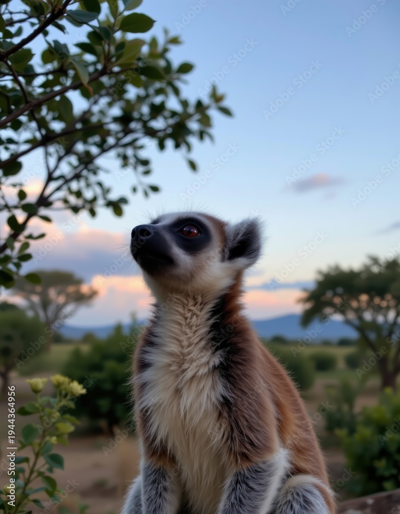 Naklejka premium Curious Ring-tailed Lemur Gazing Upwards at the Colorful Sunset Sky in its Natural Wild Habitat
