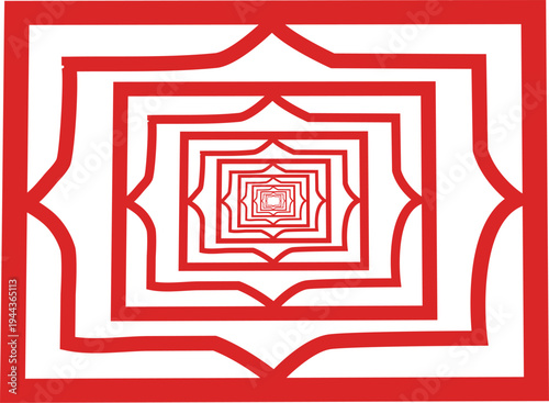 A red and white square with a spiral design