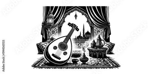 oud instrument placed in a traditional middle eastern interior detailed black and white vector representing cultural music heritage acoustic sound and artistic expression