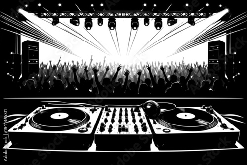 DJ turntable setup in a nightclub stage black and white vector scene representing electronic music performance and party environment
