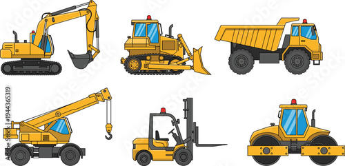Construction heavy equipment set with excavator bulldozer dump truck mobile crane forklift and road roller industrial machinery vector illustration