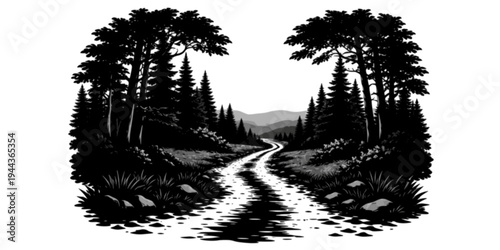 forest dirt path road landscape nature outdoor travel countryside trail horizon rural environment scenic journey black and white vector illustration
