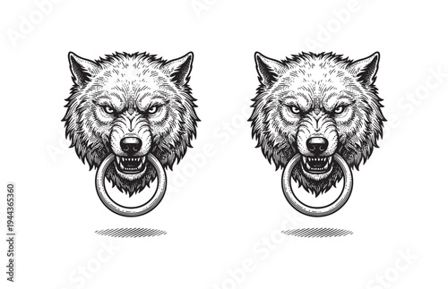 Vintage Wolf Head Door Knocker Sketch Antique Gothic Style Hardware