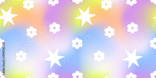 Pastel mesh gradient pattern with white stars and tiny flowers on soft blurred pink, blue, yellow, and purple tones. Dreamy seamless background with smooth texture, glowing light, and airy shimmer.