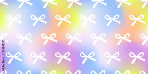 Pastel mesh gradient pattern with white ribbon bows and soft blurred transitions in pink, blue, yellow, and purple. Seamless dreamy background with glossy light, smooth texture, and shimmer.